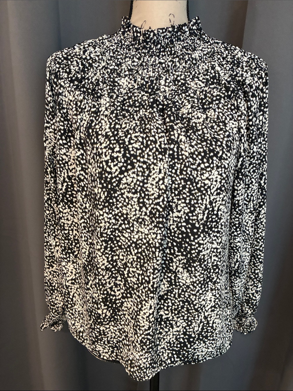 Chelsea28 Black and White Dotted Smocked Neck Blouse